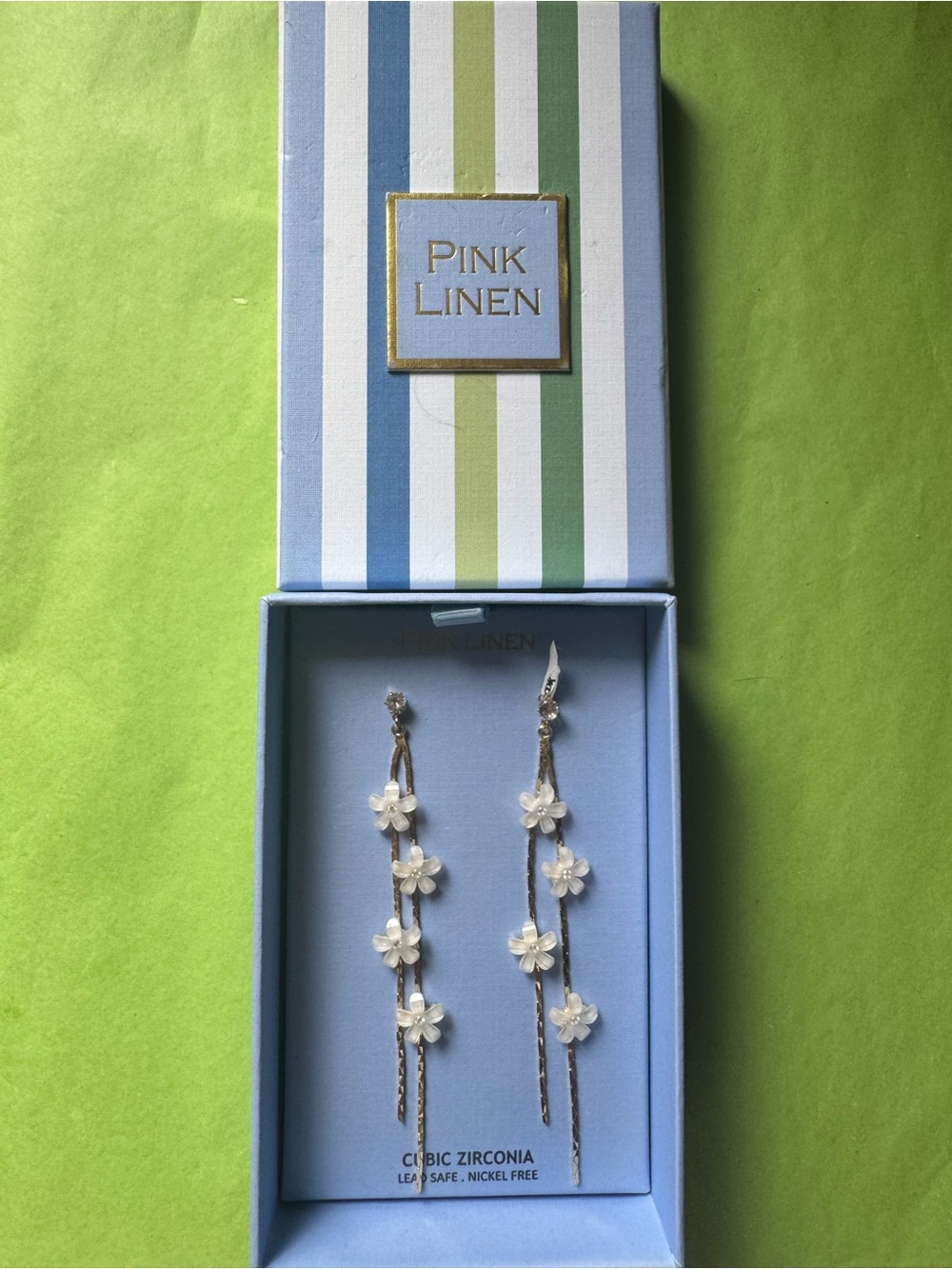 Pink Linen Floral Drop Earrings in White - NIB